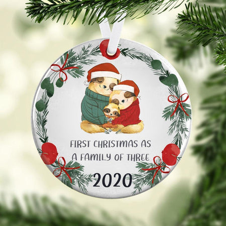First Christmas As A Family Of Three Ceramic Ornament, Christmas Ornament, Christmas Gift, Circle Ornament