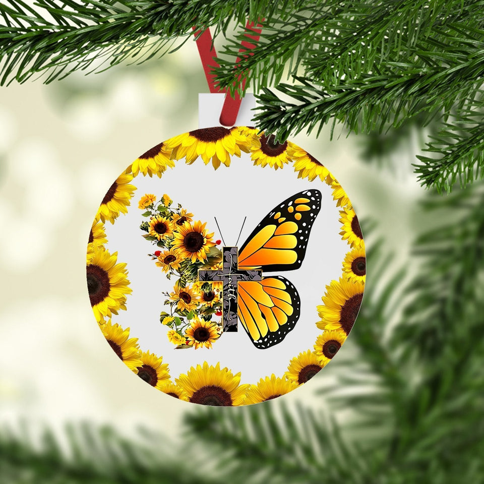 Faith Sunflower Butterfly, Christmas Ornament, Christmas Gift, Circle Ornament