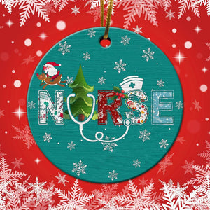 Christmas Tree, Santa Nurse Ornament, Christmas Ornament, Christmas Gift, Ceramic Circle Ornament