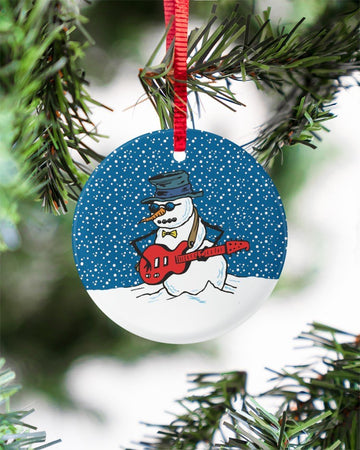 Guitar Snow Man Circle Ornament, Christmas Ornament, Christmas Gift
