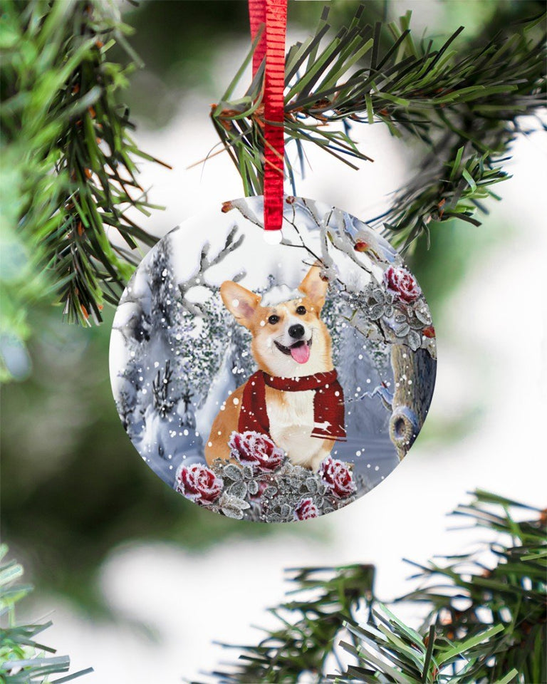 Corgi Winter Rose Ornament Circle Ornament, Christmas Ornament, Christmas Gift