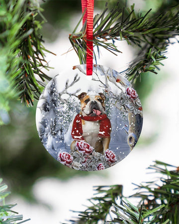 Bulldog Winter Rose Ornament Circle Ornament, Christmas Ornament, Christmas Gift