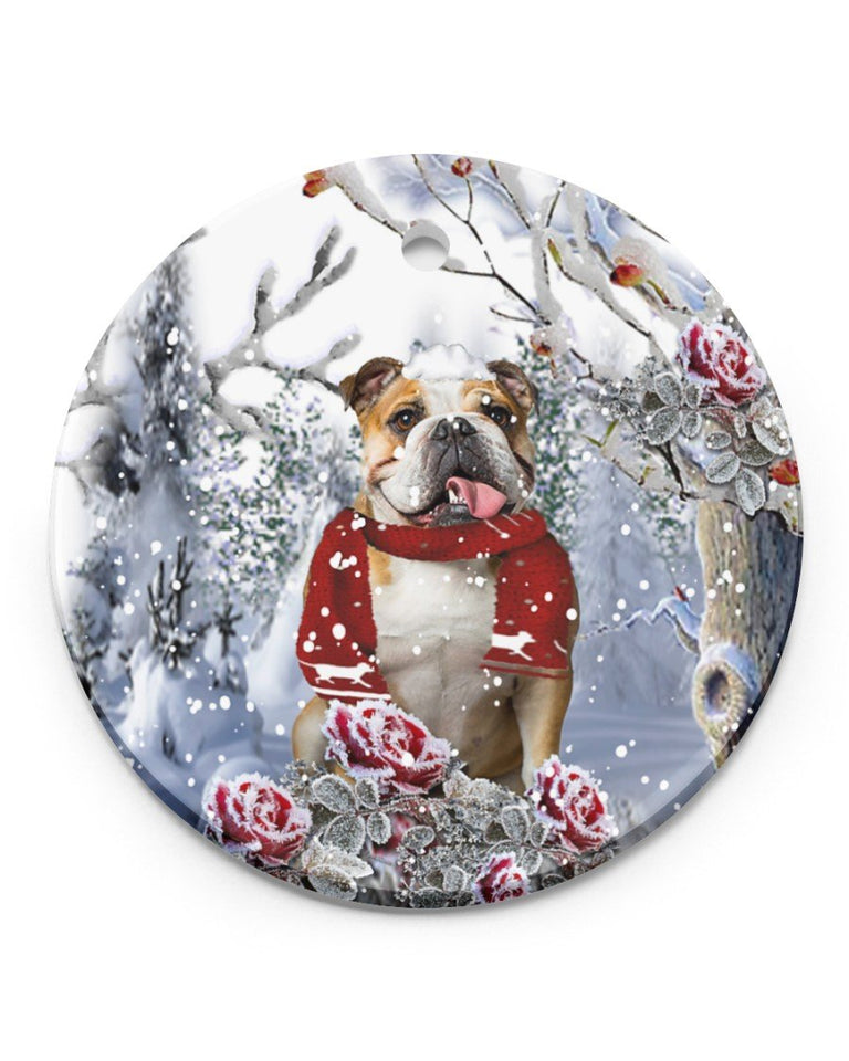 Bulldog Winter Rose Ornament Circle Ornament, Christmas Ornament, Christmas Gift