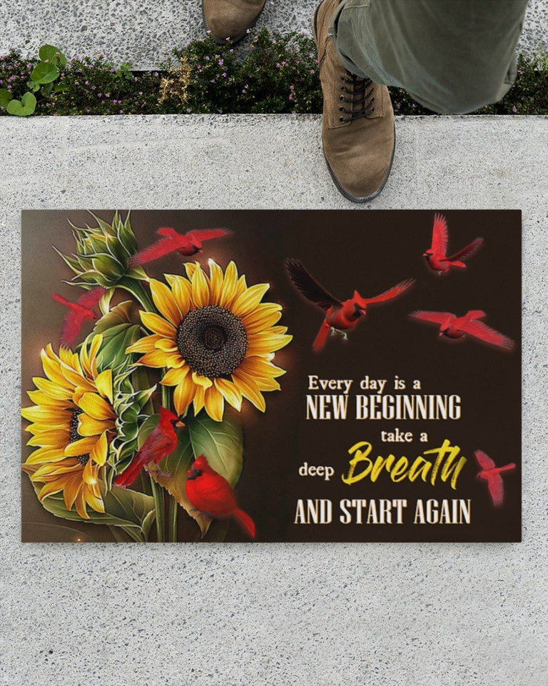Cardinal Sunflower Every Day Is A New Beginning Indoor And Outdoor Indoor Outdoor Doormat Floor Mat Funny Gift Ideas Gift For Cardinal Lovers Birthday Gift Decor Warm House Gift Welcome Mat