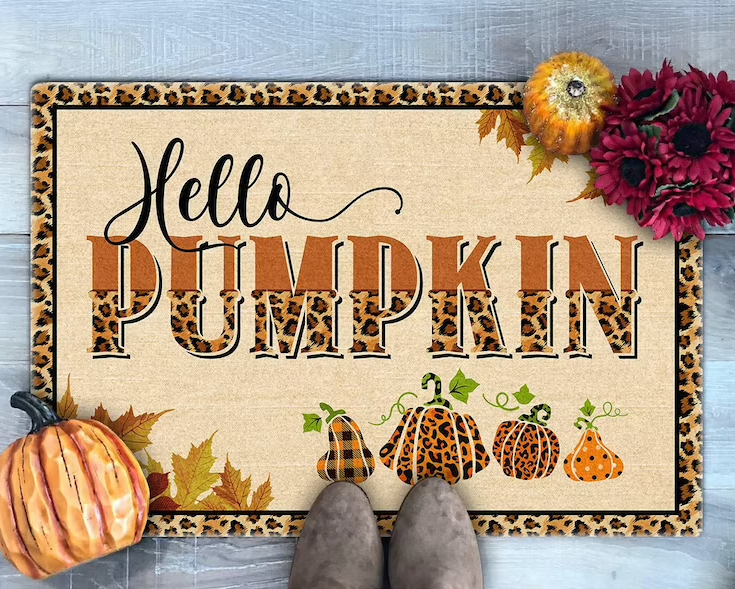 Hello Pumpkin Indoor Outdoor Doormat Floor Mat Funny Gift Ideas Pumpkin Leopard Pumpkin Print Fall Autumn Thanksgiving