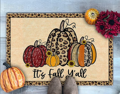 It'S Fall Autumn Thanksgiving Y'All Indoor Outdoor Doormat Floor Mat Funny Gift Ideas Leopard Print Pumpkins Halloween Gift