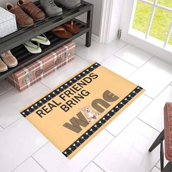Real Friends Bring Wine Corgi Dog Welcome Mat Housewarming Gift