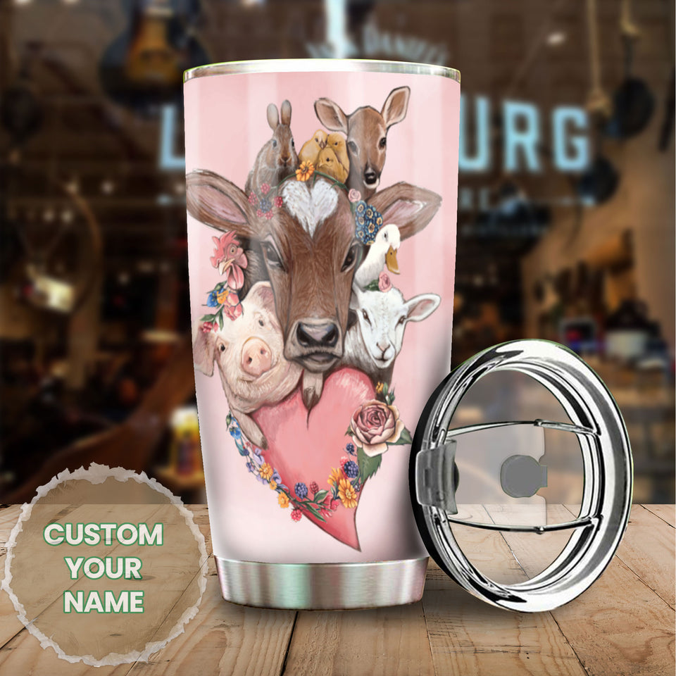 Camellia Personalized Cute Animals Vegan For The Animal Stainless Steel Tumbler - Double-Walled Insulation Thermal Cup With Lid Gift For Veggie Vegan Eater Nature Lover