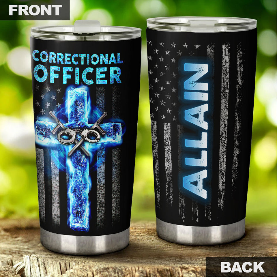 Camellia Personalized American USA Glag Correctional Officer Stainless Steel Tumbler - Double-Walled Insulation Thermal Cup With Lid Gift For Police Officer Military 4th Of July