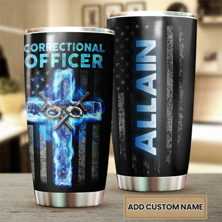 Camellia Personalized American USA Glag Correctional Officer Stainless Steel Tumbler - Double-Walled Insulation Thermal Cup With Lid Gift For Police Officer Military 4th Of July