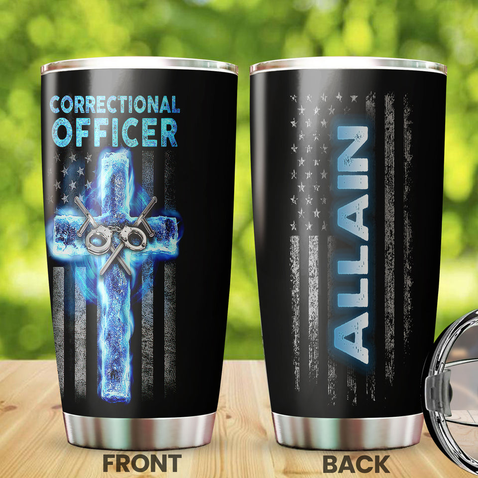 Camellia Personalized American USA Glag Correctional Officer Stainless Steel Tumbler - Double-Walled Insulation Thermal Cup With Lid Gift For Police Officer Military 4th Of July