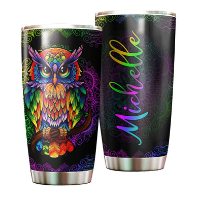 Camellia Personalized Henna Hippie Colorful Owl Graphics Stainless Steel Tumbler - Double-Walled Insulation Travel Thermal Cup With Lid For Hipster