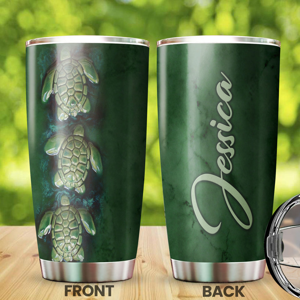 Camellia Personalized Green Turtles Ceramic Style Graphics Stainless Steel Tumbler - Double-Walled Insulation Travel Thermal Cup With Lid Gift For Pet Turtle Lover