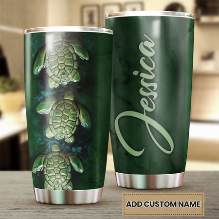 Camellia Personalized Green Turtles Ceramic Style Graphics Stainless Steel Tumbler - Double-Walled Insulation Travel Thermal Cup With Lid Gift For Pet Turtle Lover