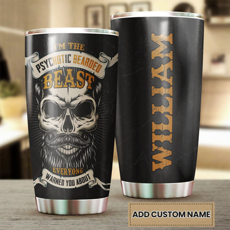 Camellia Personalized I'm The Psychotic Bearded Beast Viking Skull Stainless Steel Tumbler - Double-Walled Insulation Travel Thermal Cup With Lid Gift For Viking Lover