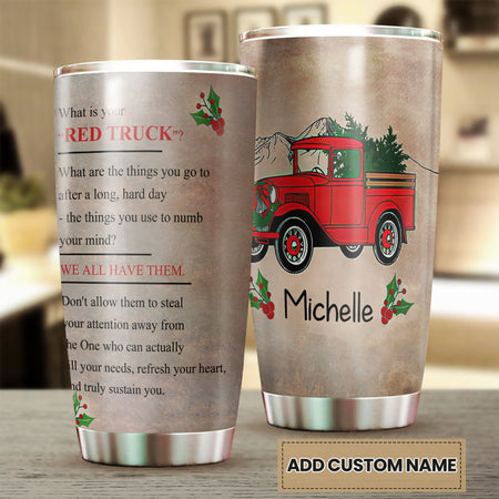 Camellia Personalized Red Truck Christmas Tree Graphics Stainless Steel Tumbler - Double-Walled Insulation Thermal Cup With Lid Gift For Xmas Holiday