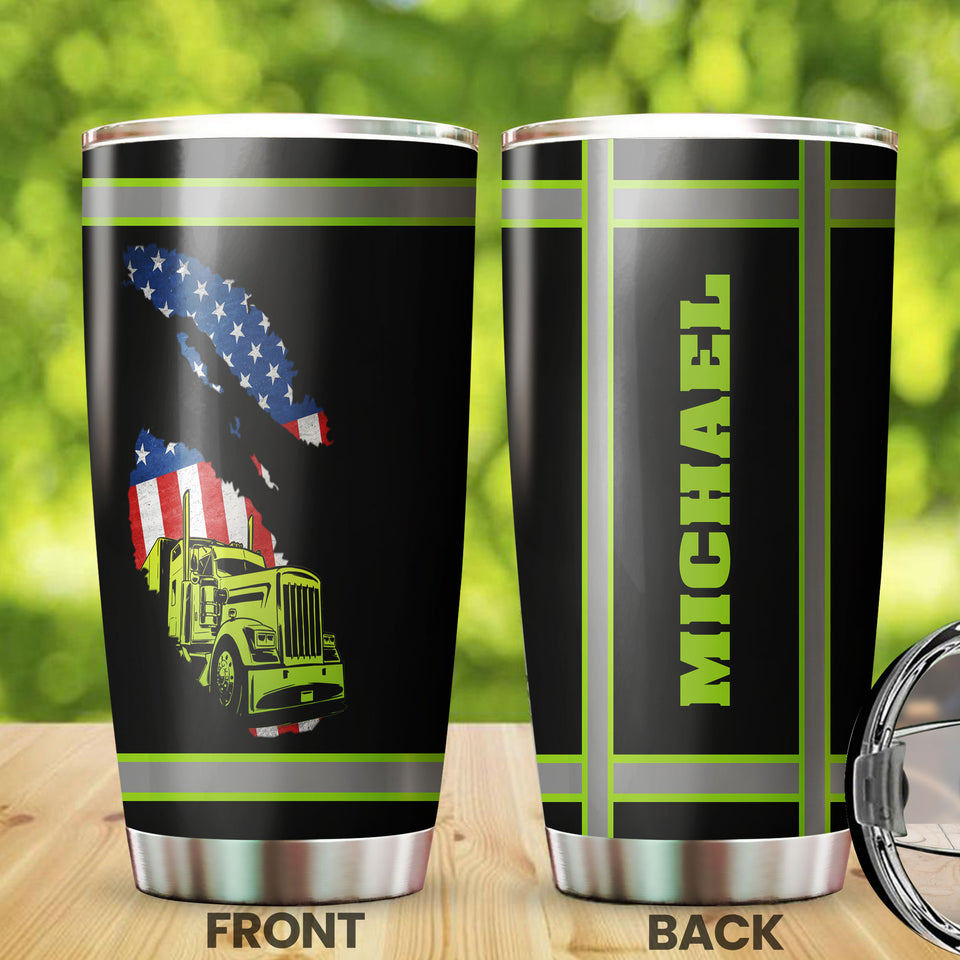 Camellia Personalized American US FLag Green Truck Graphics Stainless Steel Tumbler - Double-Walled Insulation Travel Thermal Cup With Lid Gift For 4th Of July Trucker Men