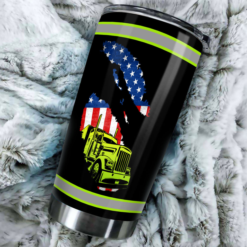 Camellia Personalized American US FLag Green Truck Graphics Stainless Steel Tumbler - Double-Walled Insulation Travel Thermal Cup With Lid Gift For 4th Of July Trucker Men