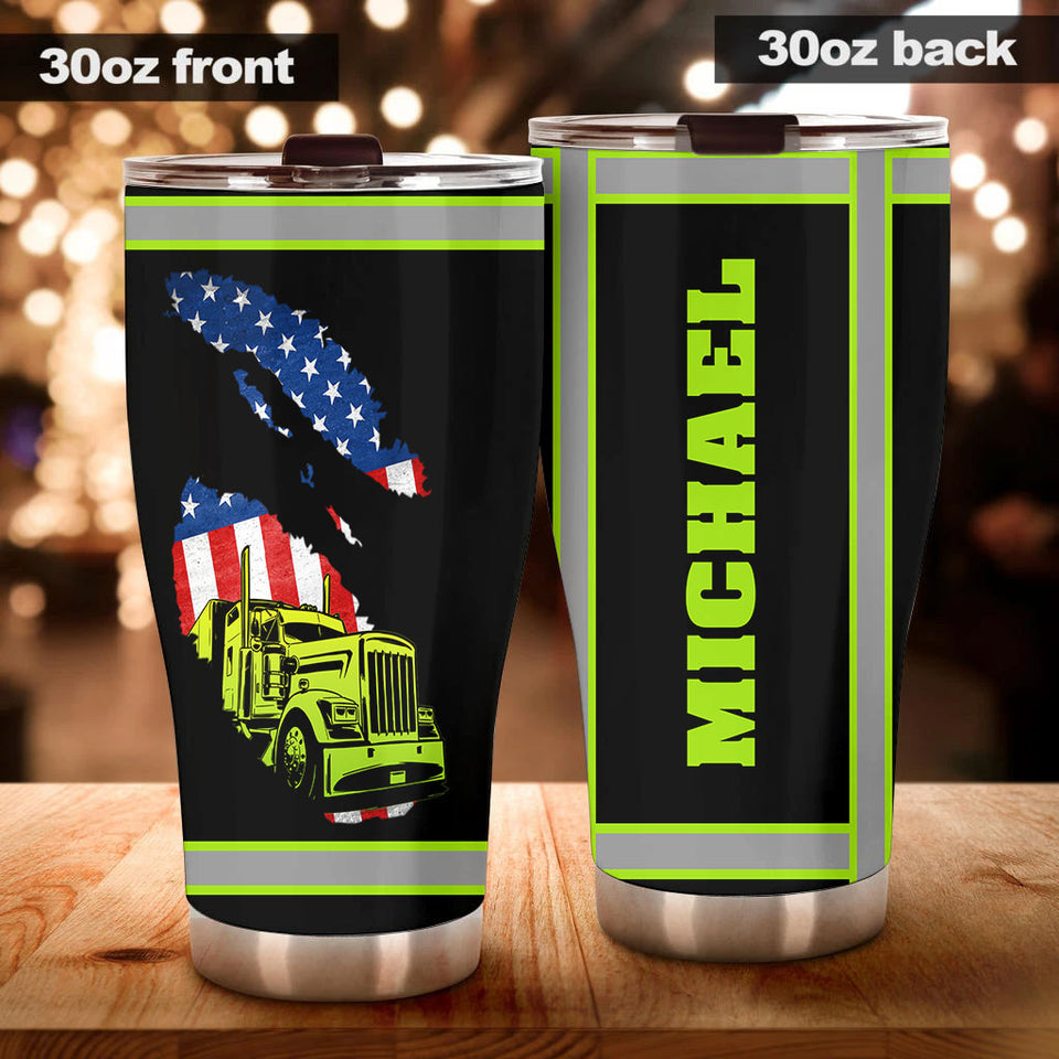 Camellia Personalized American US FLag Green Truck Graphics Stainless Steel Tumbler - Double-Walled Insulation Travel Thermal Cup With Lid Gift For 4th Of July Trucker Men