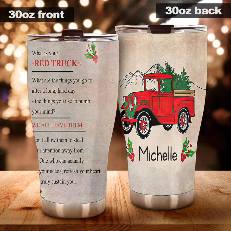 Camellia Personalized Red Truck Christmas Tree Graphics Stainless Steel Tumbler - Double-Walled Insulation Thermal Cup With Lid Gift For Xmas Holiday