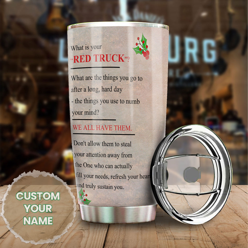 Camellia Personalized Red Truck Christmas Tree Graphics Stainless Steel Tumbler - Double-Walled Insulation Thermal Cup With Lid Gift For Xmas Holiday
