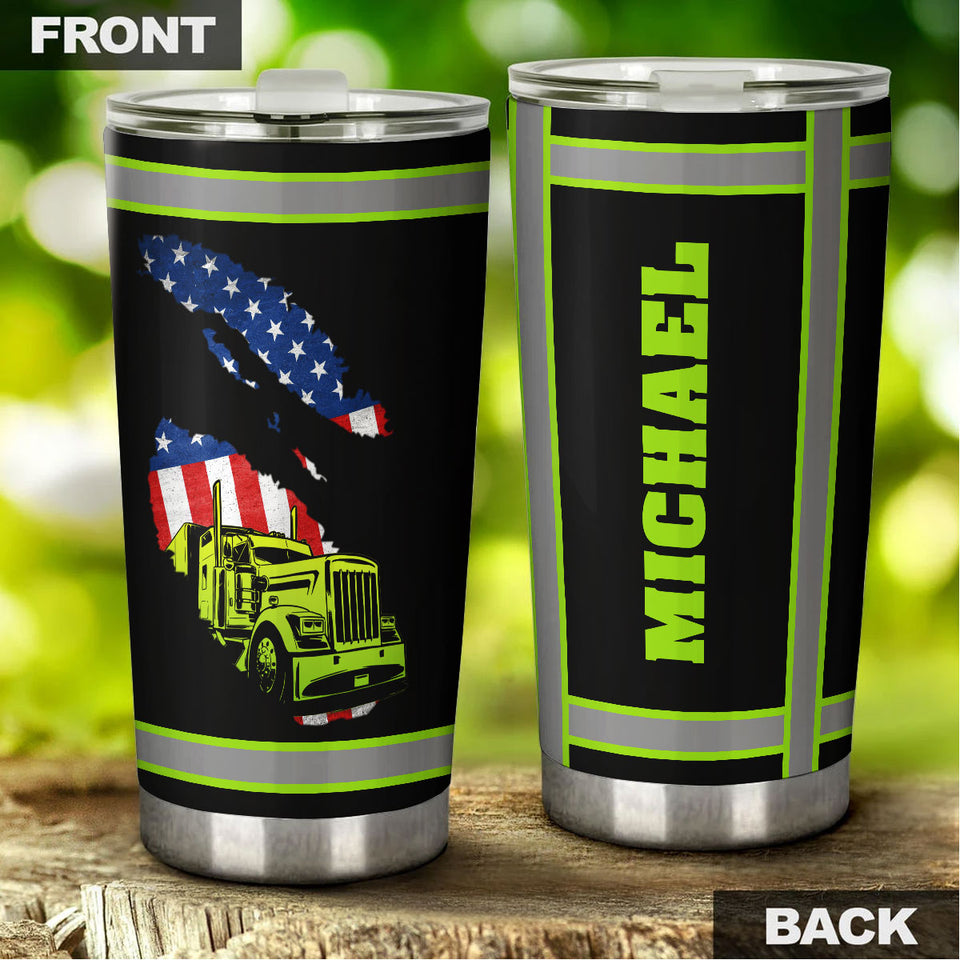 Camellia Personalized American US FLag Green Truck Graphics Stainless Steel Tumbler - Double-Walled Insulation Travel Thermal Cup With Lid Gift For 4th Of July Trucker Men
