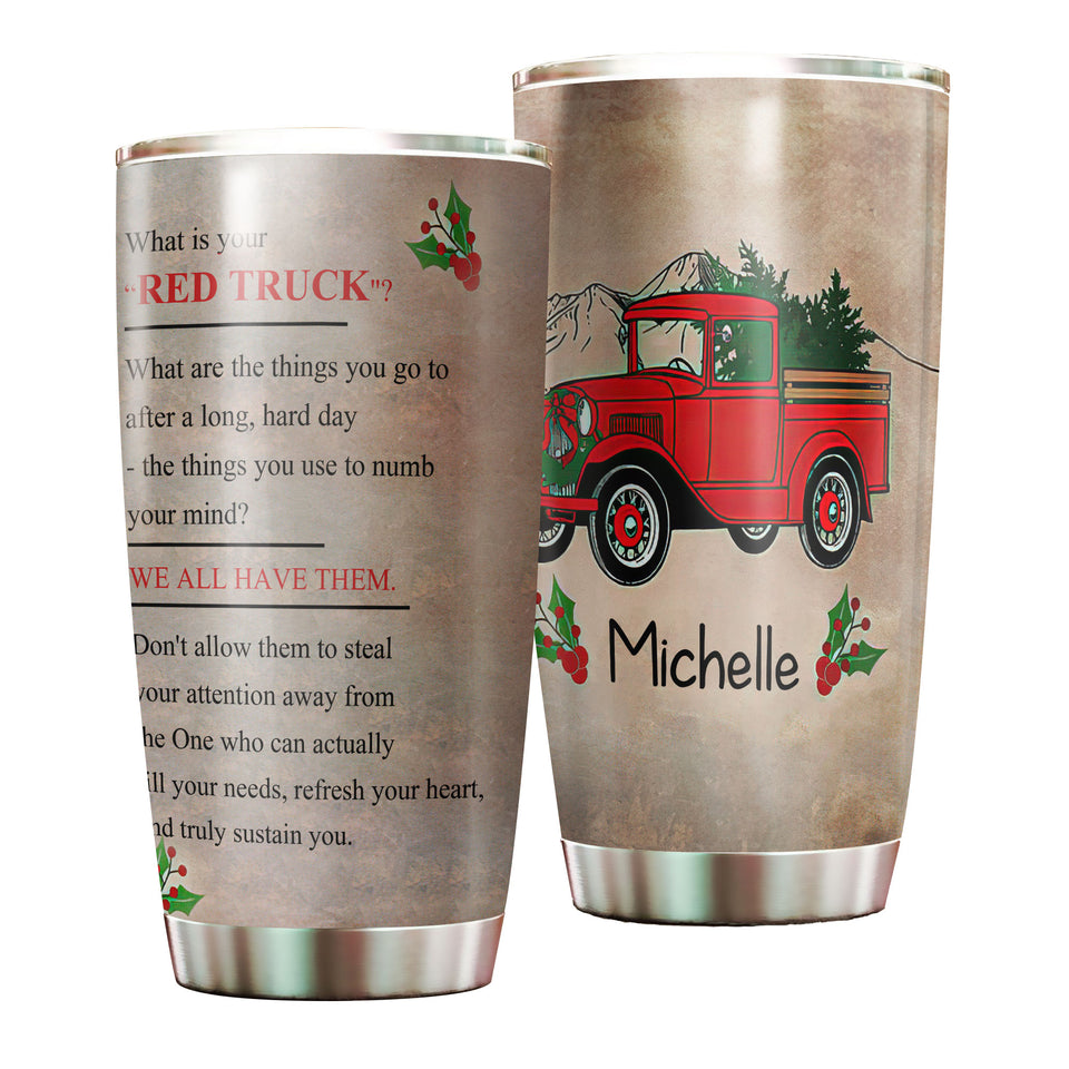 Camellia Personalized Red Truck Christmas Tree Graphics Stainless Steel Tumbler - Double-Walled Insulation Thermal Cup With Lid Gift For Xmas Holiday