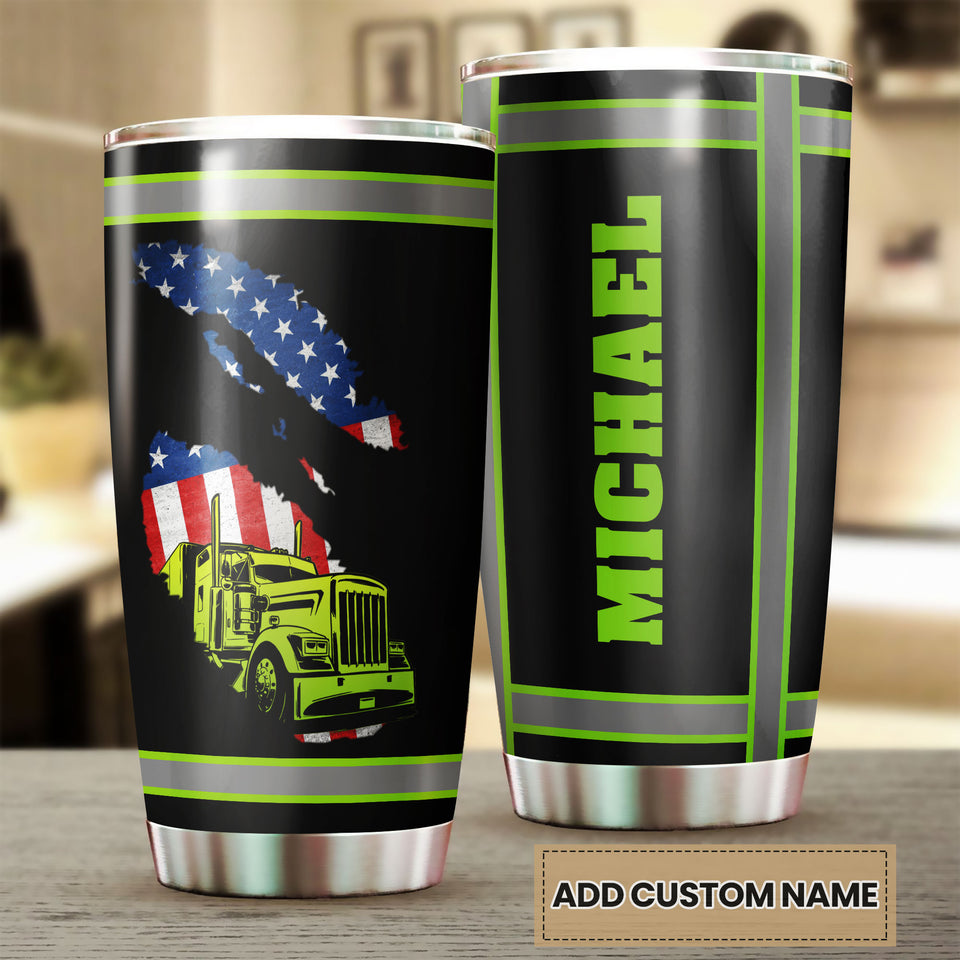 Camellia Personalized American US FLag Green Truck Graphics Stainless Steel Tumbler - Double-Walled Insulation Travel Thermal Cup With Lid Gift For 4th Of July Trucker Men