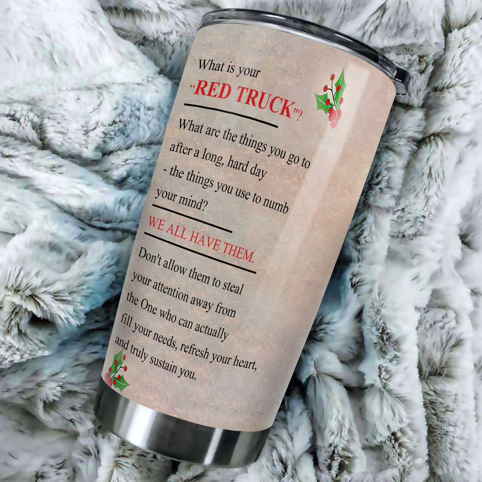 Camellia Personalized Red Truck Christmas Tree Graphics Stainless Steel Tumbler - Double-Walled Insulation Thermal Cup With Lid Gift For Xmas Holiday