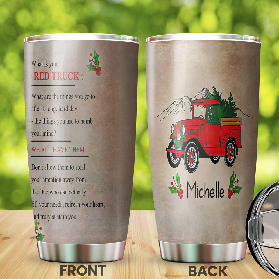 Camellia Personalized Red Truck Christmas Tree Graphics Stainless Steel Tumbler - Double-Walled Insulation Thermal Cup With Lid Gift For Xmas Holiday