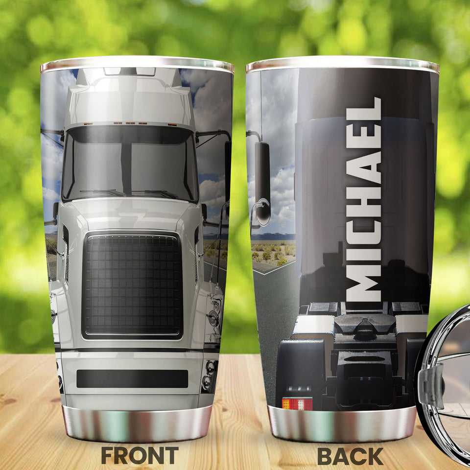 Camellia Personalized Metal White Truck Trucker Graphics Stainless Steel Tumbler - Double-Walled Insulation Travel Thermal Cup With Lid Gift For Trucker Men Husband