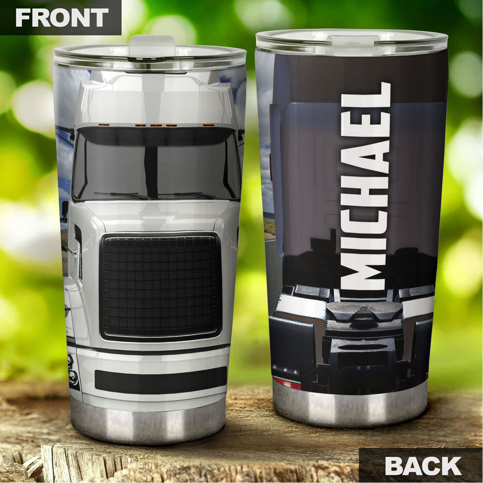 Camellia Personalized Metal White Truck Trucker Graphics Stainless Steel Tumbler - Double-Walled Insulation Travel Thermal Cup With Lid Gift For Trucker Men Husband