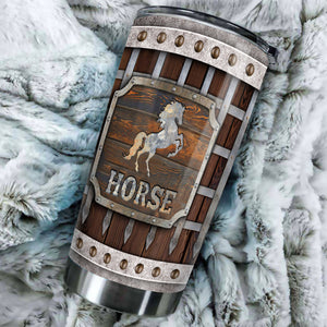 Camellia Personalized Viking Warrior Horse Graphics Wooden Style Stainless Steel Tumbler - Double-Walled Insulation Thermal Cup With Lid Gift For Viking Horse Lover