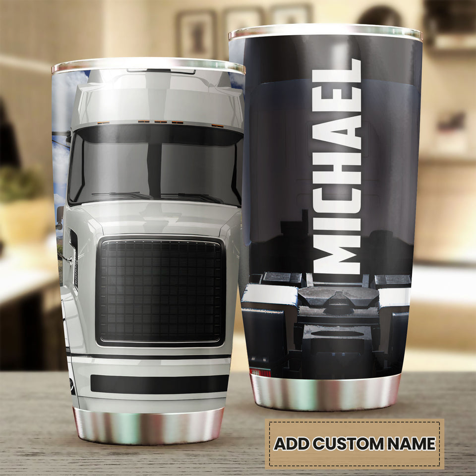 Camellia Personalized Metal White Truck Trucker Graphics Stainless Steel Tumbler - Double-Walled Insulation Travel Thermal Cup With Lid Gift For Trucker Men Husband