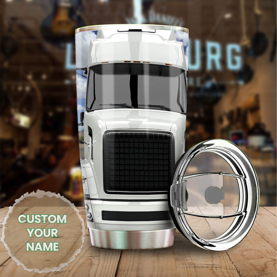 Camellia Personalized Metal White Truck Trucker Graphics Stainless Steel Tumbler - Double-Walled Insulation Travel Thermal Cup With Lid Gift For Trucker Men Husband