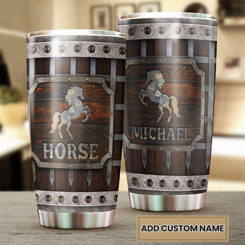 Camellia Personalized Viking Warrior Horse Graphics Wooden Style Stainless Steel Tumbler - Double-Walled Insulation Thermal Cup With Lid Gift For Viking Horse Lover