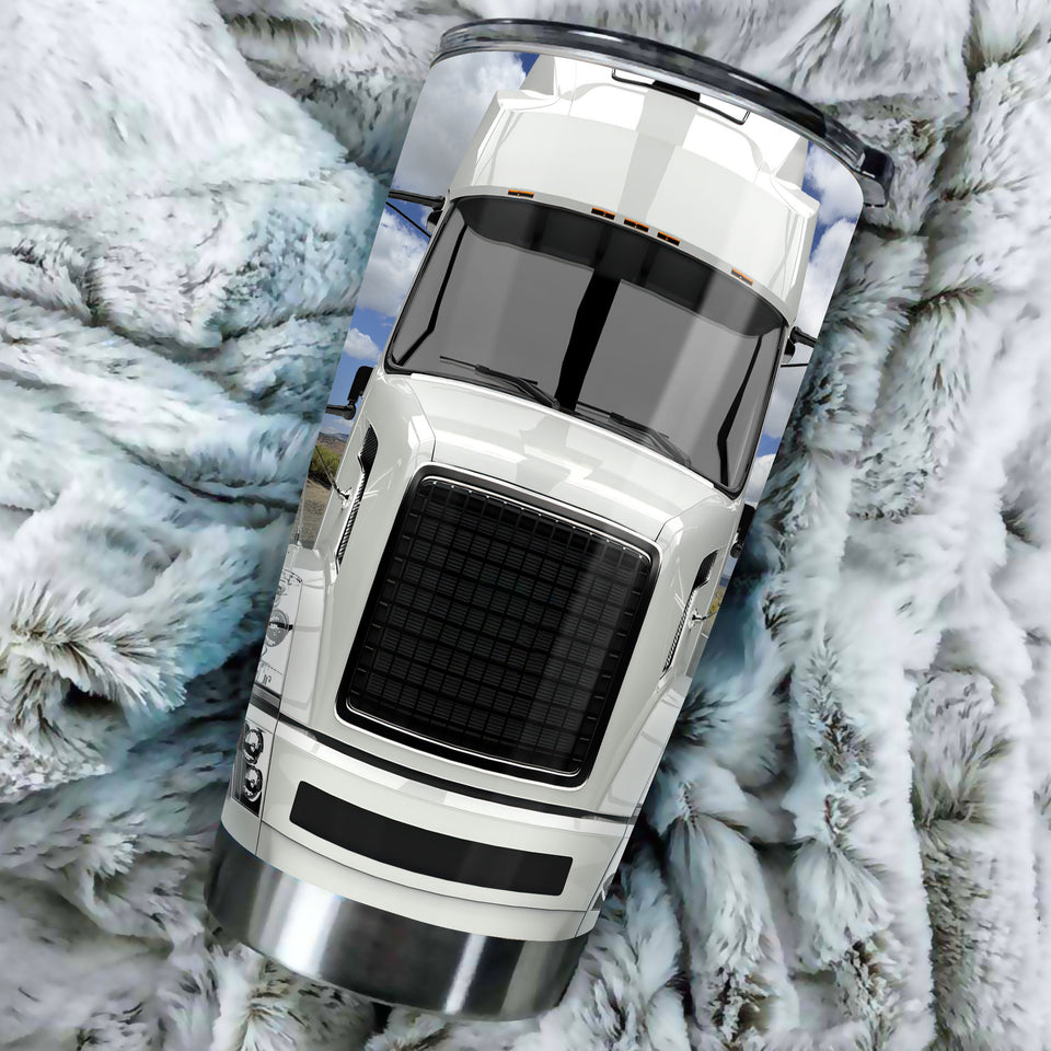Camellia Personalized Metal White Truck Trucker Graphics Stainless Steel Tumbler - Double-Walled Insulation Travel Thermal Cup With Lid Gift For Trucker Men Husband