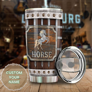 Camellia Personalized Viking Warrior Horse Graphics Wooden Style Stainless Steel Tumbler - Double-Walled Insulation Thermal Cup With Lid Gift For Viking Horse Lover