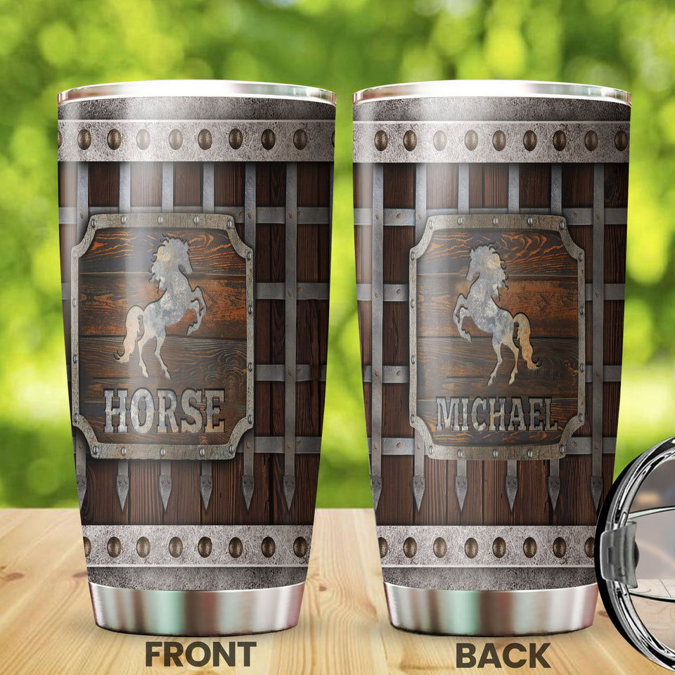 Camellia Personalized Viking Warrior Horse Graphics Wooden Style Stainless Steel Tumbler - Double-Walled Insulation Thermal Cup With Lid Gift For Viking Horse Lover