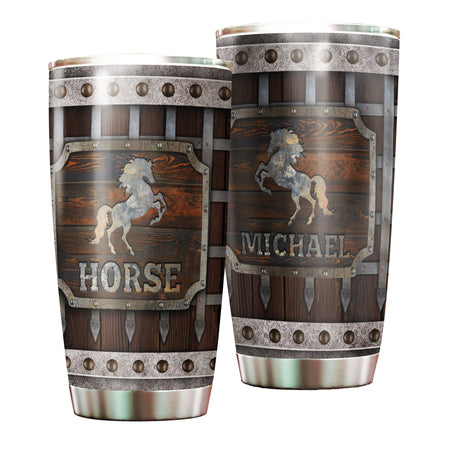 Camellia Personalized Viking Warrior Horse Graphics Wooden Style Stainless Steel Tumbler - Double-Walled Insulation Thermal Cup With Lid Gift For Viking Horse Lover
