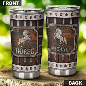 Camellia Personalized Viking Warrior Horse Graphics Wooden Style Stainless Steel Tumbler - Double-Walled Insulation Thermal Cup With Lid Gift For Viking Horse Lover