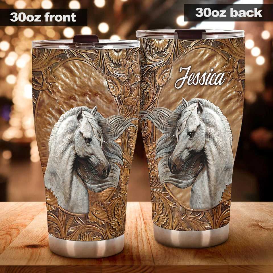 Camellia Personalized White Horse Leather Style Graphics Stainless Steel Tumbler - Double-Walled Insulation Thermal Cup With Lid Gift For Farm Horse Lover Horseback Riding