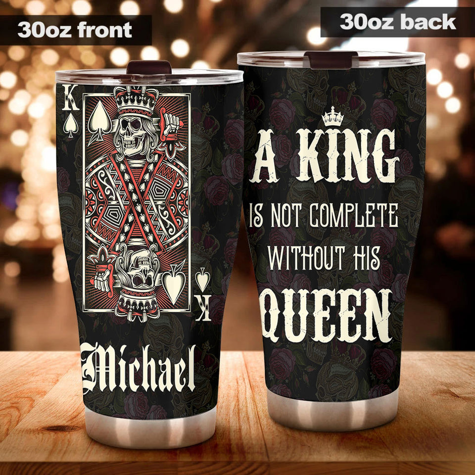Camellia Personalized Skull King Not Complete Without His Queen Stainless Steel Tumbler - Double-Walled Insulation Travel Thermal Cup With Lid Gift For Valentines Day Couple