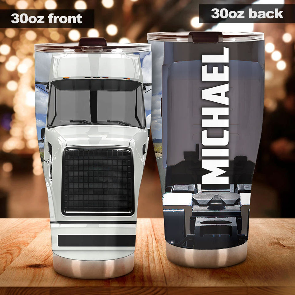 Camellia Personalized Metal White Truck Trucker Graphics Stainless Steel Tumbler - Double-Walled Insulation Travel Thermal Cup With Lid Gift For Trucker Men Husband