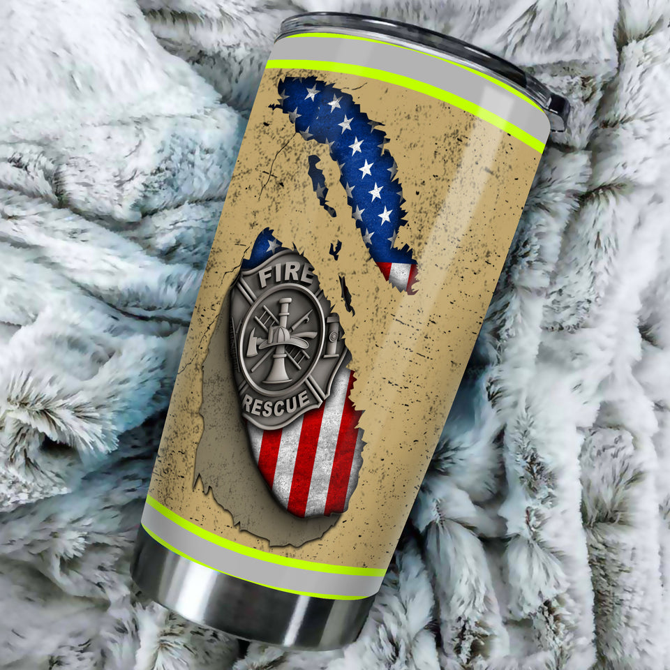 Camellia Personalized Firefighter American Flag Fire Rescue Metal Stainless Steel Tumbler - Double-Walled Insulation Travel Thermal Cup With Lid Gift For Firemen Volunteer