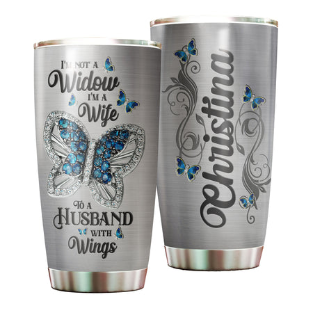 Camellia Personalized Widow Butterfly To A Husband With Wings Jewelry Style Stainless Steel Tumbler - Double-Walled Insulation Thermal Cup With Lid Gift For Memorial Day