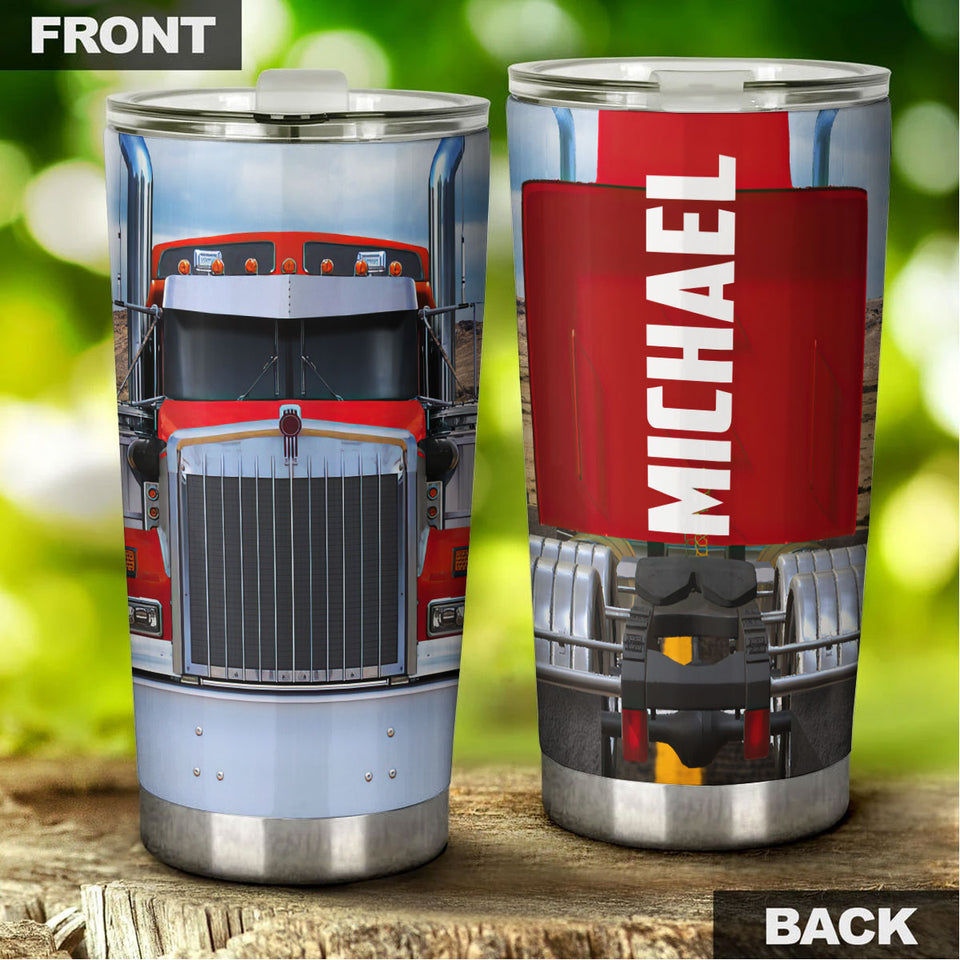 Camellia Personalized Red Truck Metal Style Graphics Stainless Steel Tumbler - Double-Walled Insulation Travel Thermal Cup With Lid Gift For Trucker Dad Husband Men