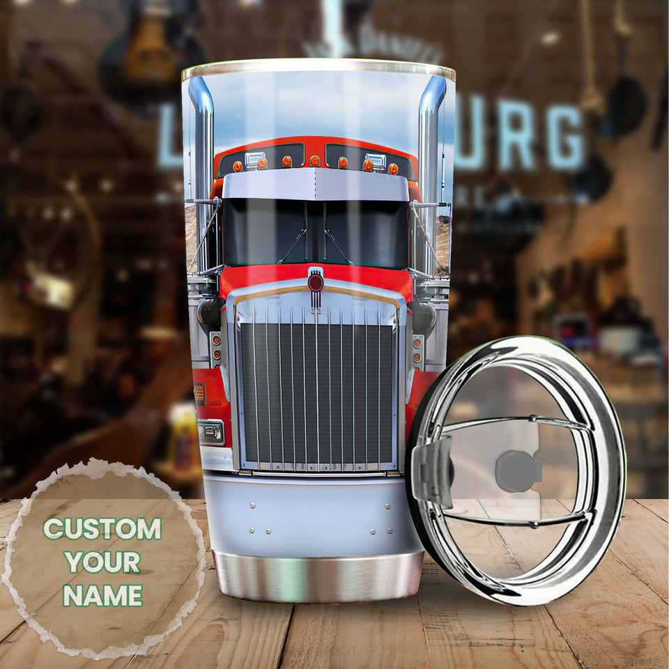 Camellia Personalized Red Truck Metal Style Graphics Stainless Steel Tumbler - Double-Walled Insulation Travel Thermal Cup With Lid Gift For Trucker Dad Husband Men