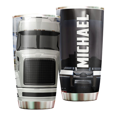 Camellia Personalized Metal White Truck Trucker Graphics Stainless Steel Tumbler - Double-Walled Insulation Travel Thermal Cup With Lid Gift For Trucker Men Husband