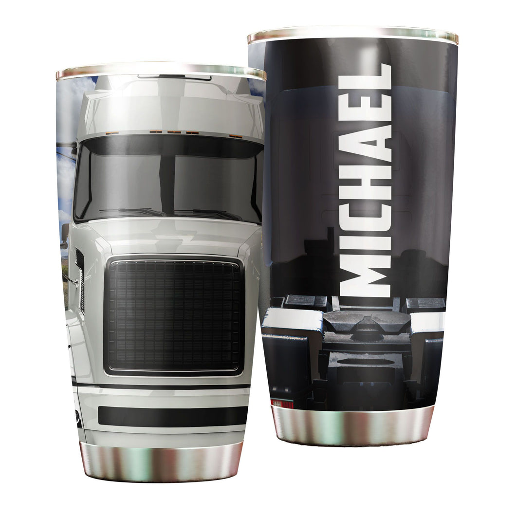 Camellia Personalized Metal White Truck Trucker Graphics Stainless Steel Tumbler - Double-Walled Insulation Travel Thermal Cup With Lid Gift For Trucker Men Husband